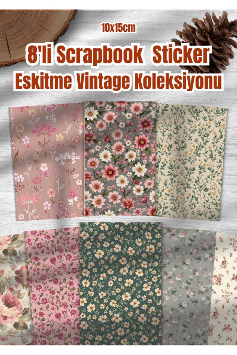 Vintage Bitki ve Çiçek Temalı Etiket Sticker Seti 8 parça 10x15 cm