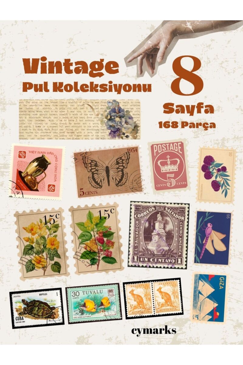 Vintage Pul Sticker Seti 8'li 168 Parça - Planner Ajanda Laptop Scrapbook Bullet Journal Sticker