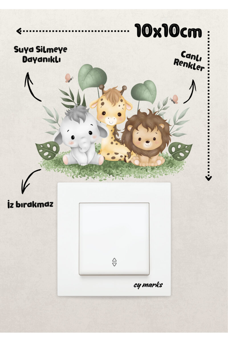 Duvar Priz Sticker - Sevimli Hayvanlar Safari Temalı Çocuk Odası Duvar Sticker Etiket