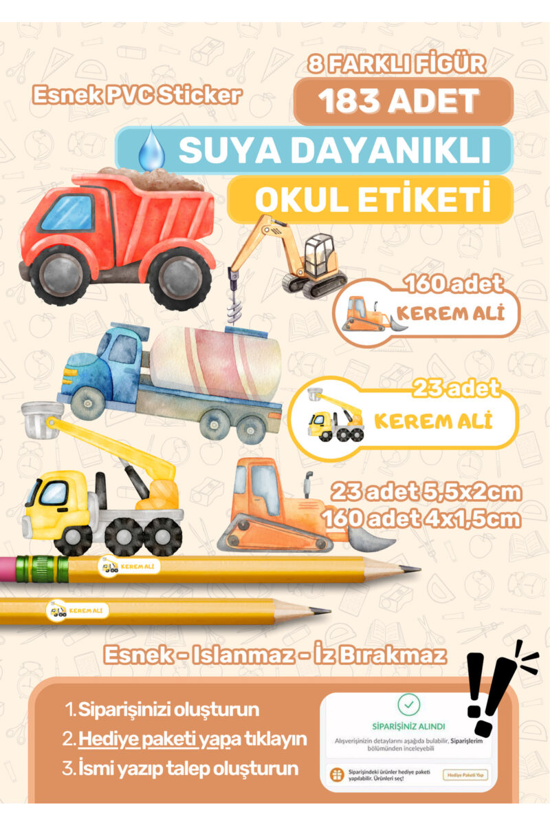 Okul Etiketi Kalem Defter Etiketi Özel İsim Yazılabilen Etiket Oyuncak İş Makinesi Temalı 183 Adet
