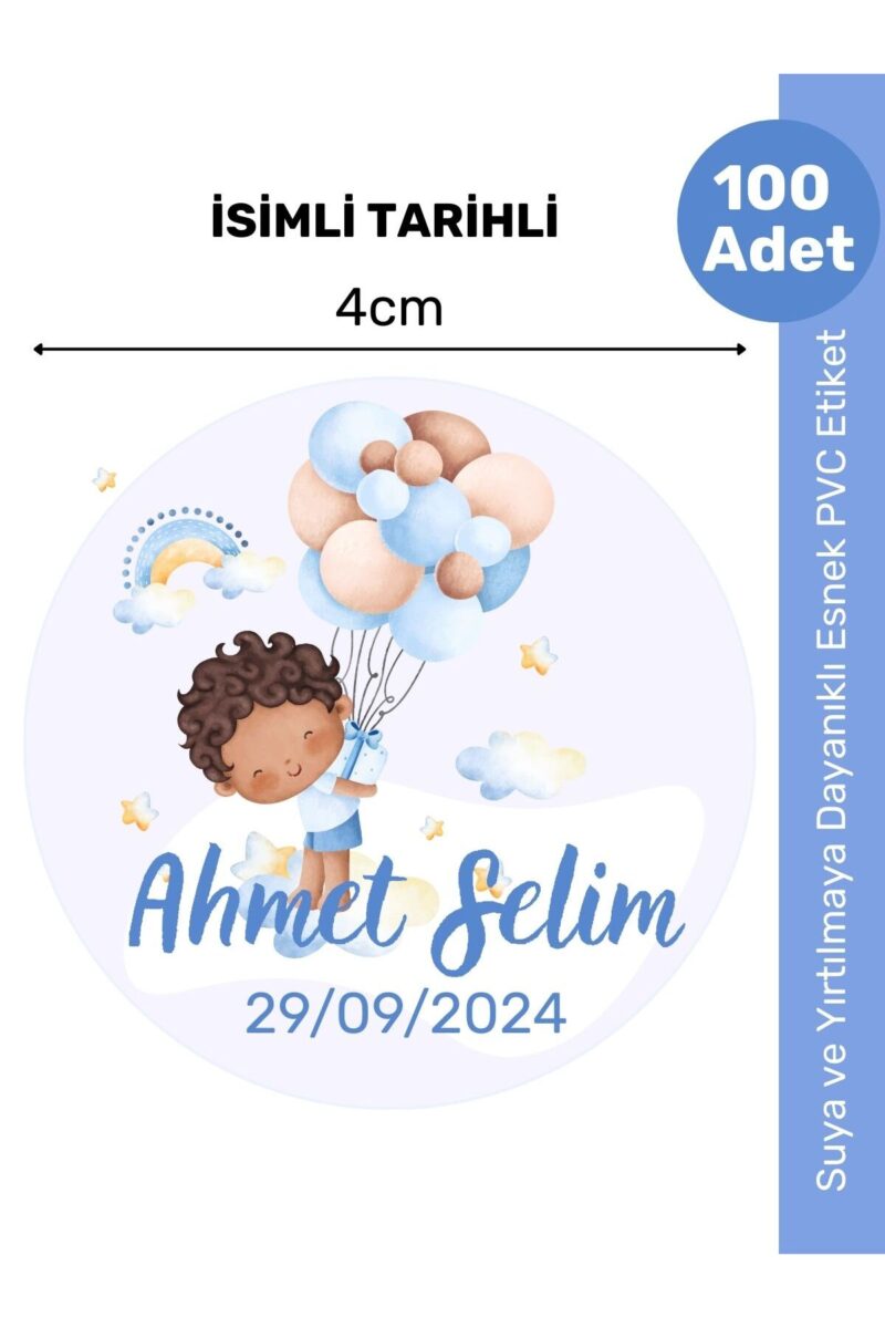 İsimli Bebek Etiketi Sticker- Mevlüt Doğum günü Etiketi 4x4 cm 100 Adet - Erkek Mavi