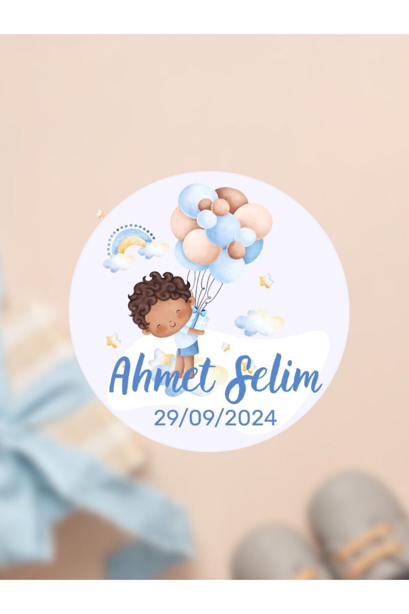 Alternative view of İsimli Bebek Etiketi Sticker- Mevlüt Doğum günü Etiketi 4x4 cm 100 Adet - Erkek Mavi