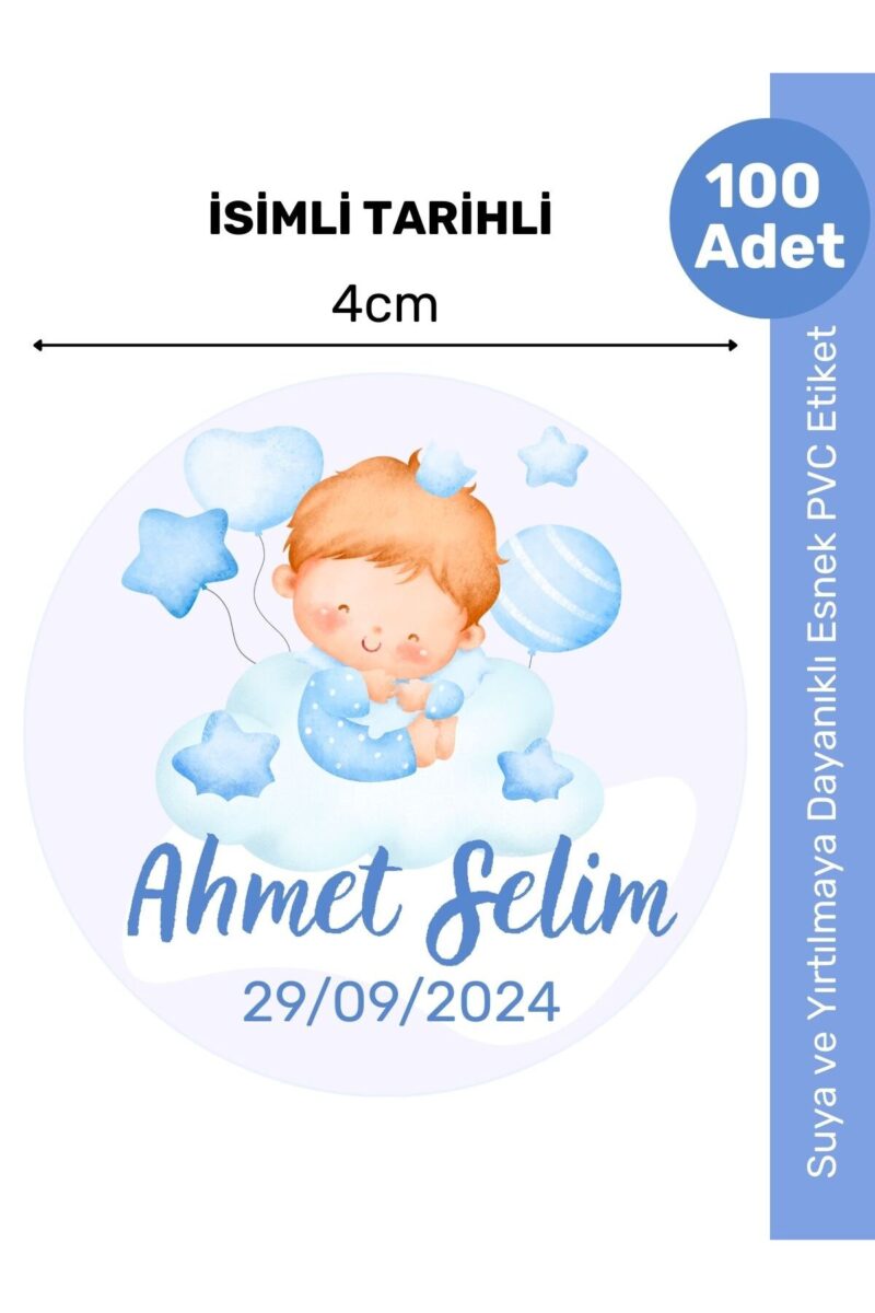 İsimli Bebek Etiketi Sticker- Mevlüt Doğum günü Etiketi 4x4 cm 100 Adet - Erkek Mavi