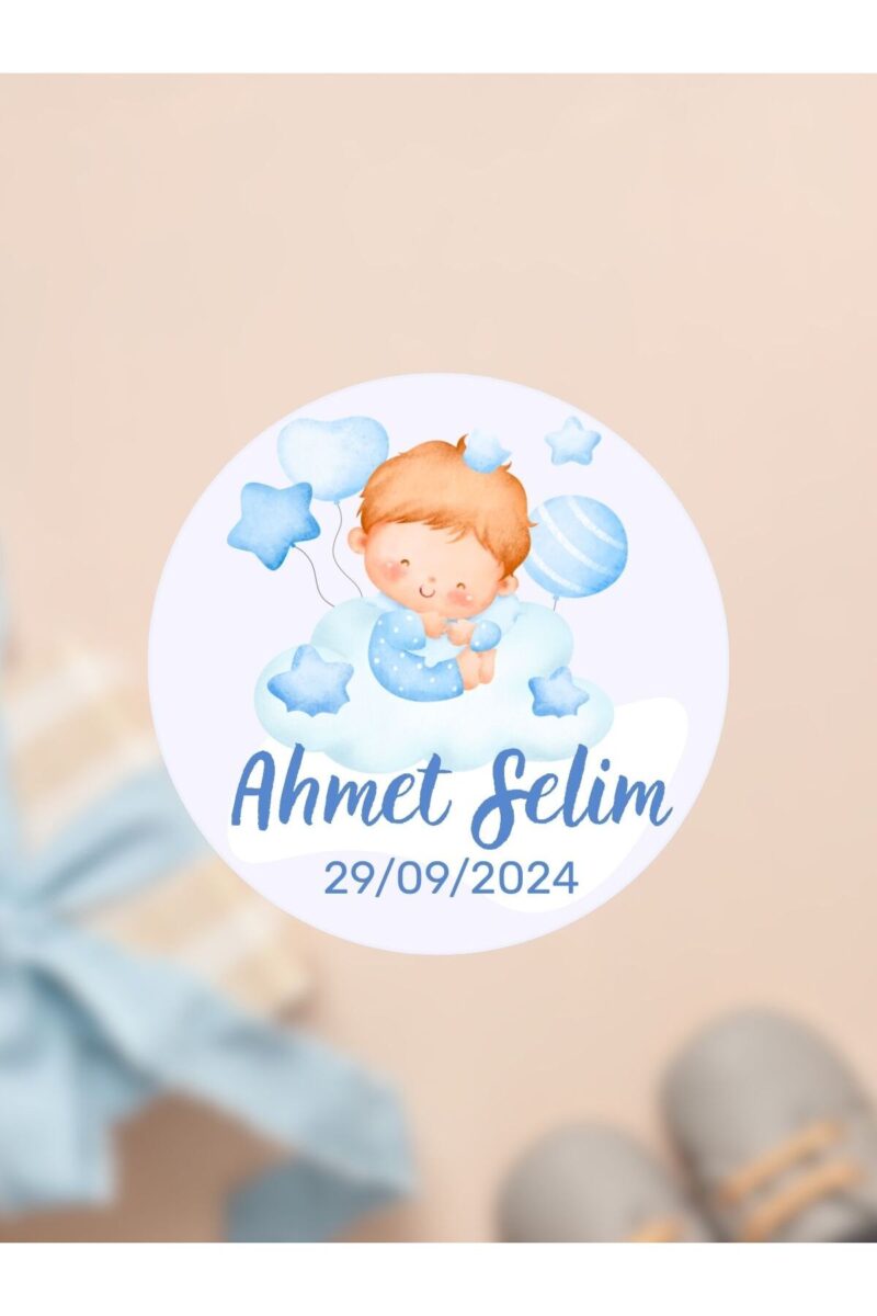 Alternative view of İsimli Bebek Etiketi Sticker- Mevlüt Doğum günü Etiketi 4x4 cm 100 Adet - Erkek Mavi