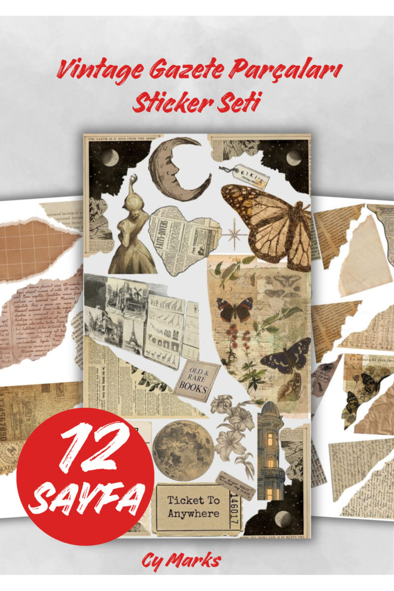 Vintage Sticker Seti Gazete Kupür - Planner Ajanda Tablet Telefon Laptop Sticker Etiketi