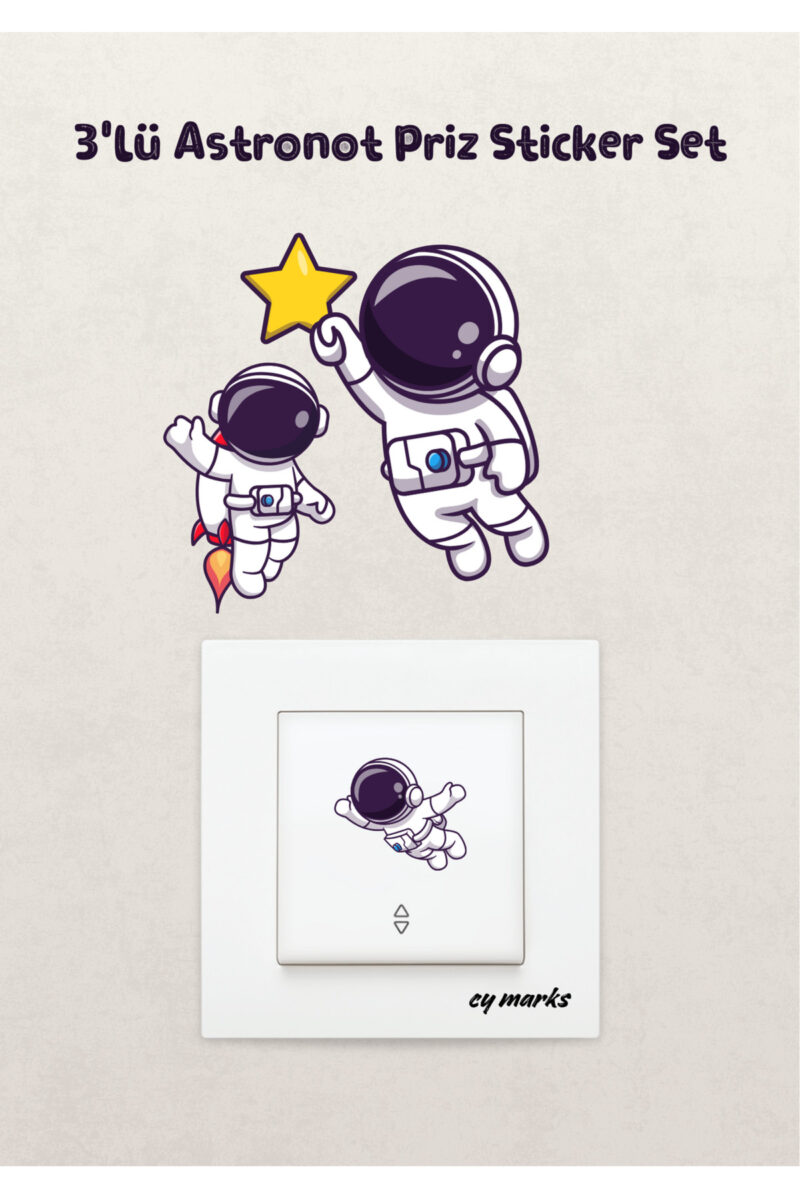 Duvar Priz Sticker - 3'lü Astronot Temalı Erkek Çocuk Odası Duvar Sticker Etiket