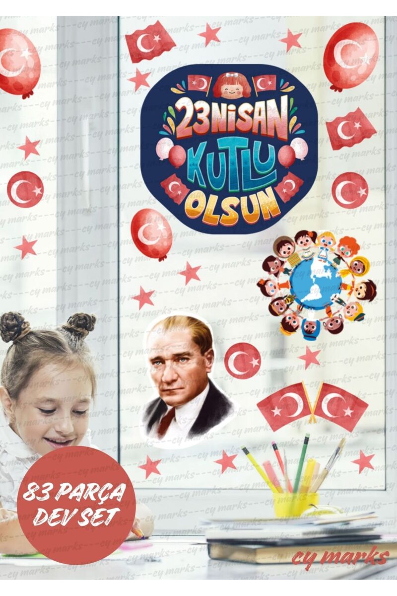 23 Nisan Sticker Seti 83 Parça Dev Set- 23 Nisan Çocuk Bayramı Cam Duvar Sticker Seti