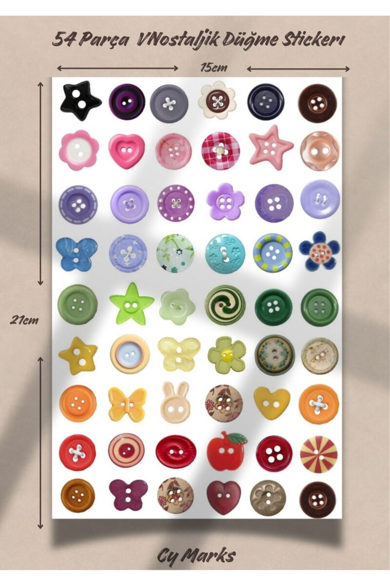 Nostaljik Düğme Sticker Seti 54 Parça - Planner Ajanda Tablet Telefon Laptop Sticker Etiketi