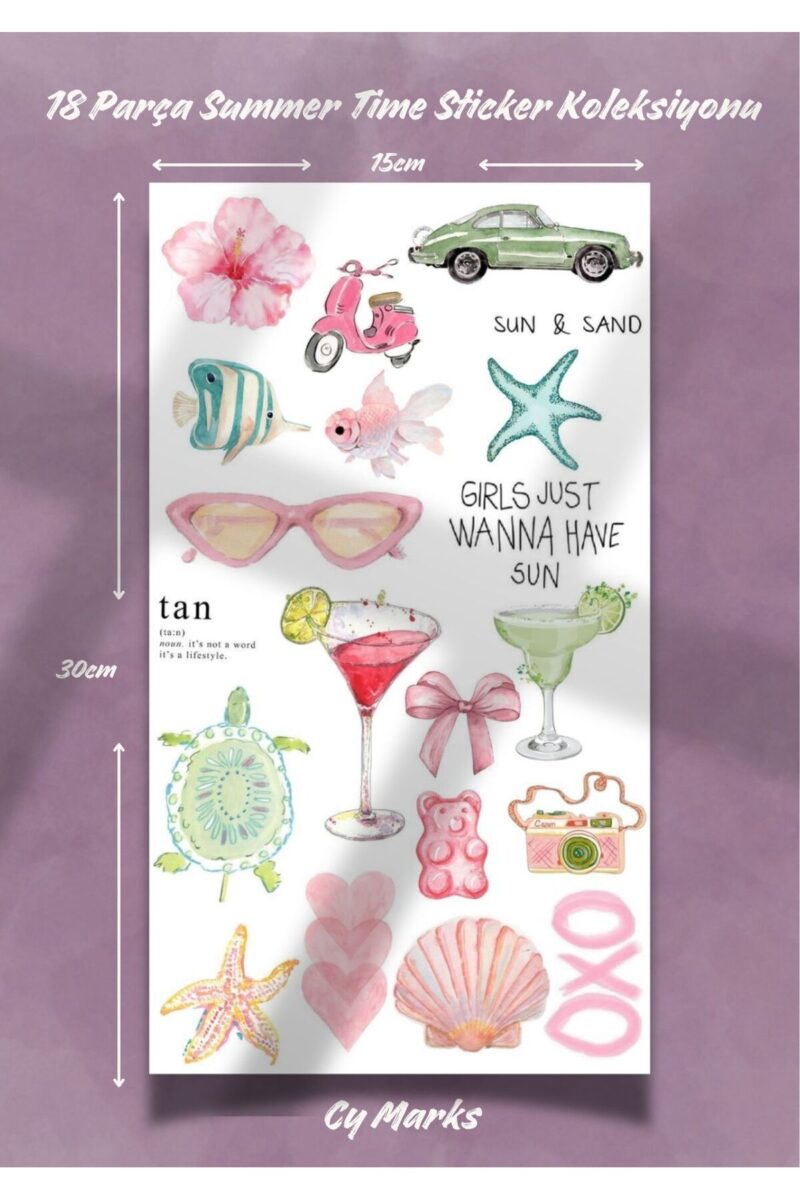 Summer Time Sticker Seti 18 Parça - Planner Ajanda Tablet Telefon Laptop Stickerı Etiketi