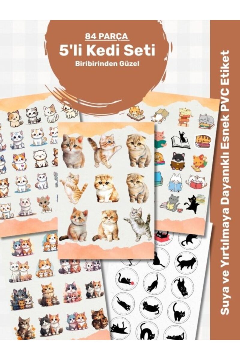 Kedi Sticker Etiket Seti 84 Parça - Planner, Ajanda, Laptop, Telefon, Tablet, Bullet Journal Etiketi