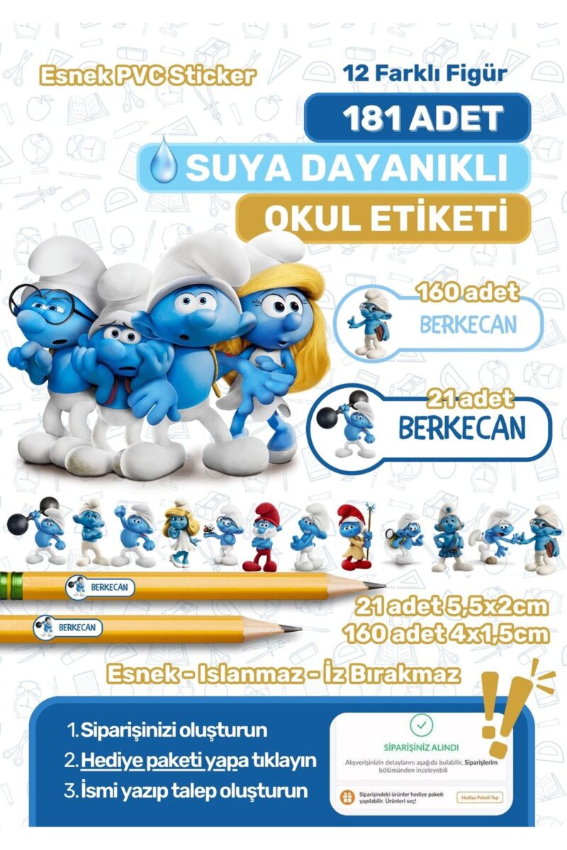 Okul Etiketi Kalem Etiketi Defter Etiketi Özel Isim Yazılabilen Etiket Şirinler Temalı 181 Adet