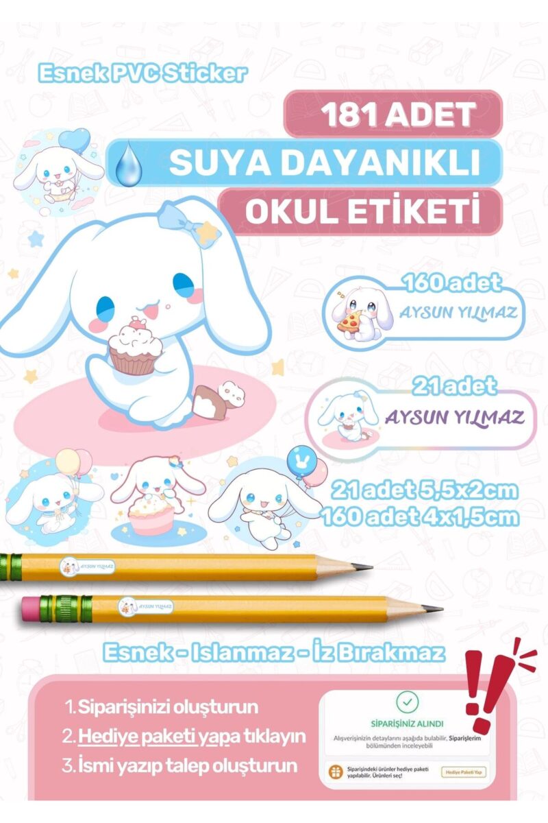 Okul Etiketi Kalem Etiketi Defter Etiketi Özel Isim Yazılabilen Etiket Cinnamoroll Temalı 181 Adet