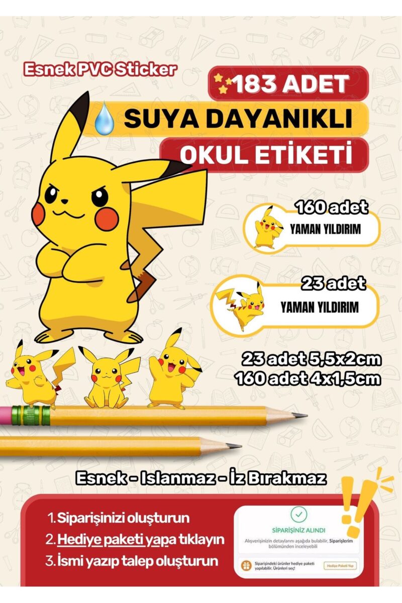 Okul Etiketi Kalem Etiketi Defter Etiketi Özel İsim Yazılabilen Etiket Pikachu Temalı 183 Adet