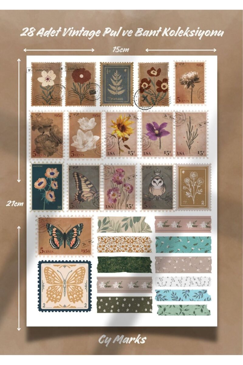 Vintage Pul Bant Sticker Seti 28 Parça - Planner, Ajanda, Laptop, Telefon, Bullet Journal Etiketi