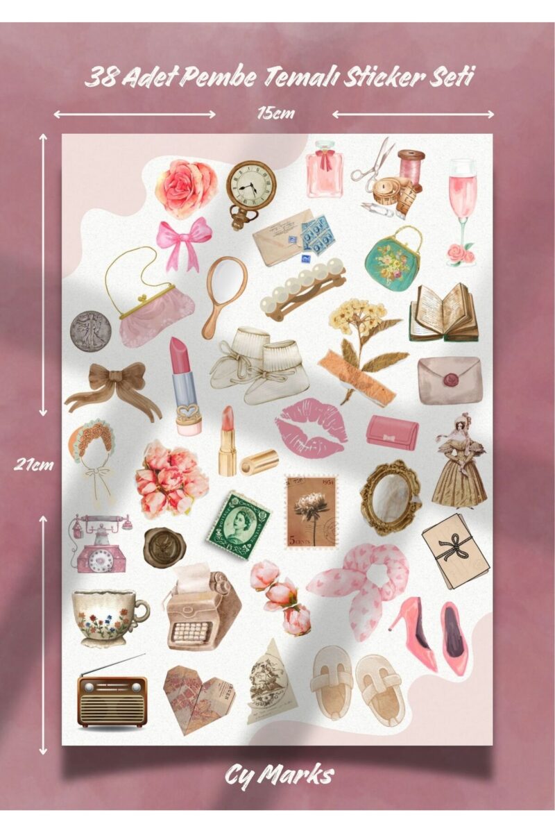 Pembe Vintage Sticker Etiket Seti 38 Parça - Planner, Ajanda, Laptop, Telefon, Bullet Journal Etiket