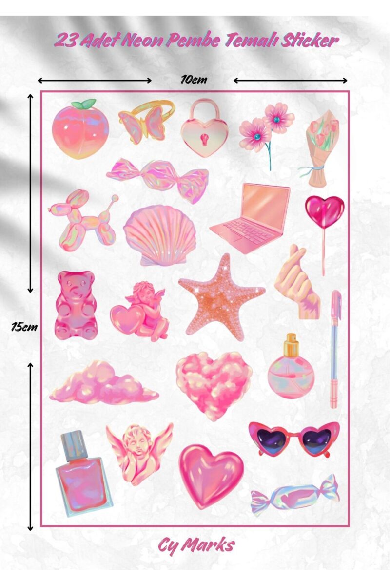 Pembe Neon Sticker Etiket Seti 23 Parça - Planner, Ajanda, Laptop, Telefon, Bullet Journal Etiketi