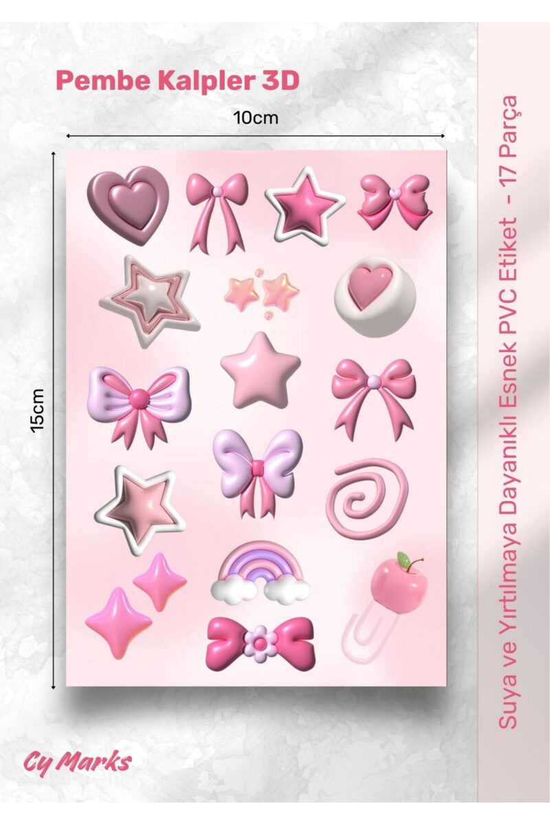 3D Pembe Kalp Temalı 17 Parça Sticker Etiket Seti - Planner, Ajanda, Laptop, Telefon, Bullet Journal