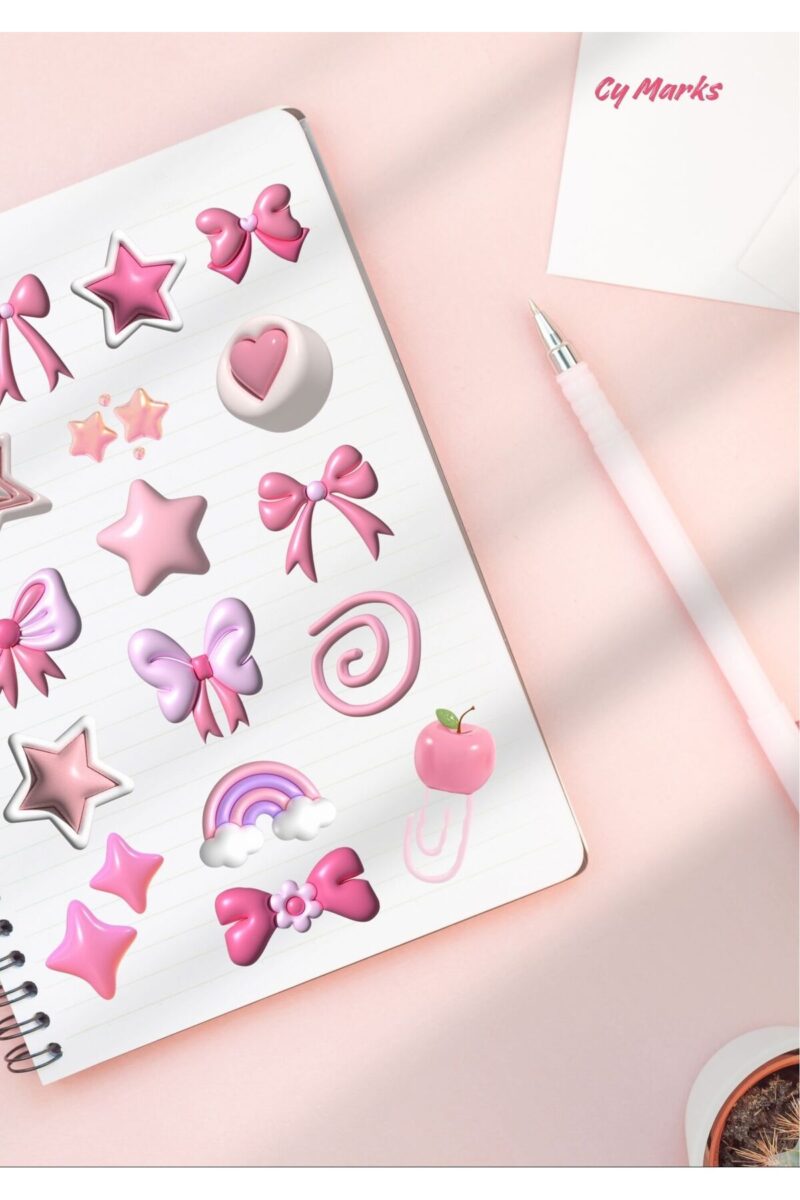 Alternative view of 3D Pembe Kalp Temalı 17 Parça Sticker Etiket Seti - Planner, Ajanda, Laptop, Telefon, Bullet Journal