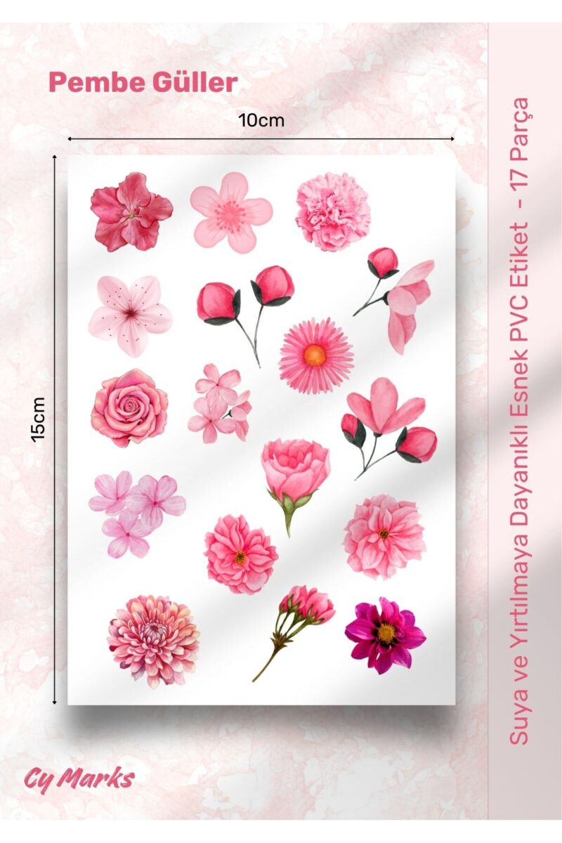 Pembe Gül Temalı 17 Parça Sticker Etiket Seti - Planner, Ajanda, Laptop, Telefon, Bullet Journal