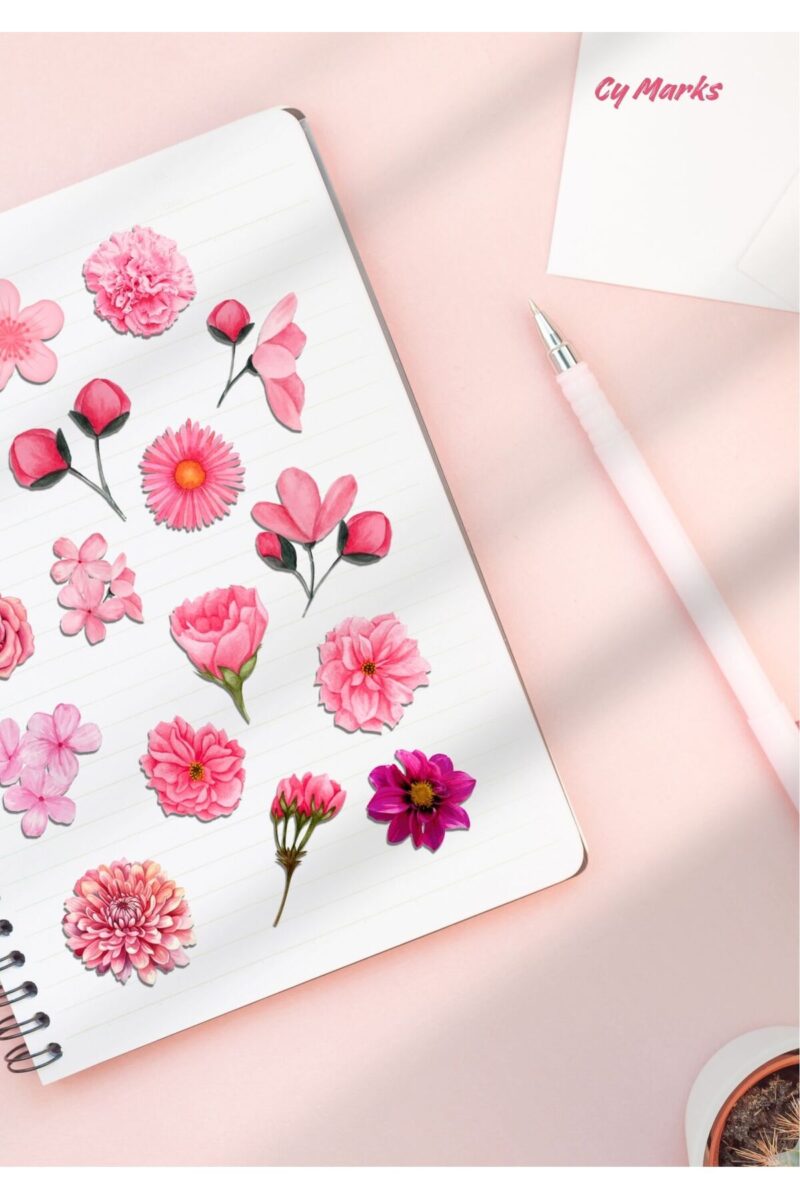 Alternative view of Pembe Gül Temalı 17 Parça Sticker Etiket Seti - Planner, Ajanda, Laptop, Telefon, Bullet Journal