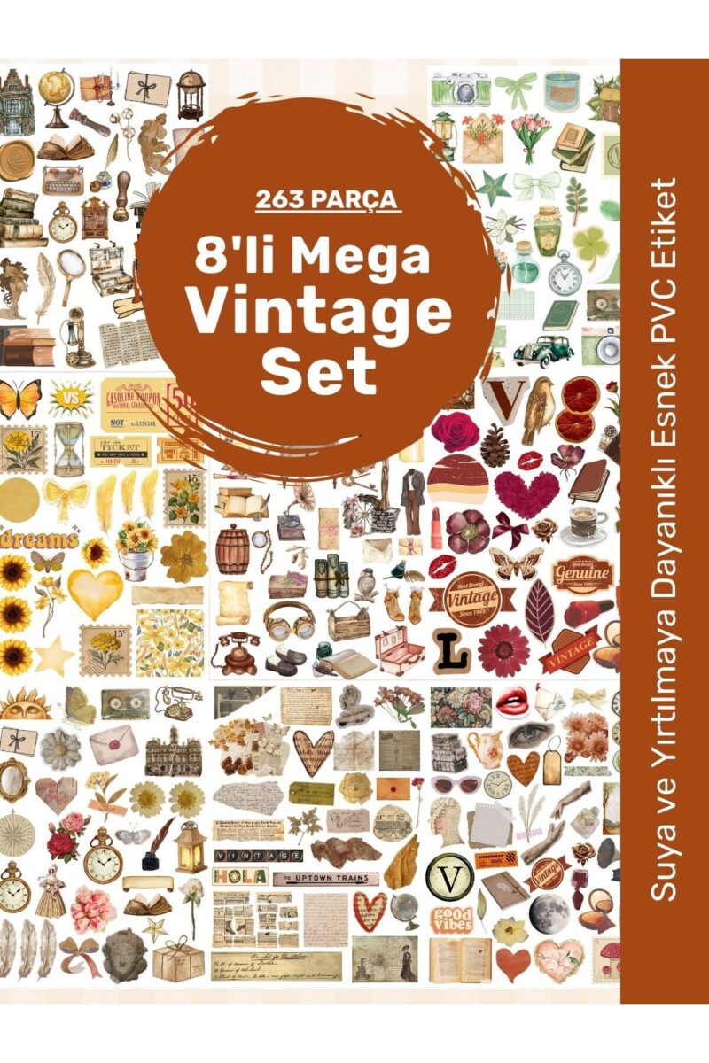 8'li Vintage Sticker Etiket Seti - Planner Ajanda Telefon Tablet Laptop Bullet Journal Etiket