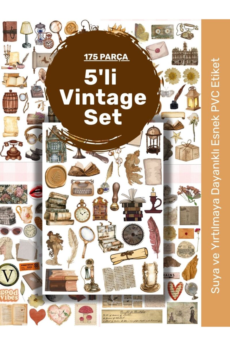 5'li Vintage Sticker Etiket Seti Planner Ajanda Telefon Tablet Laptop Bullet Journal Etiket