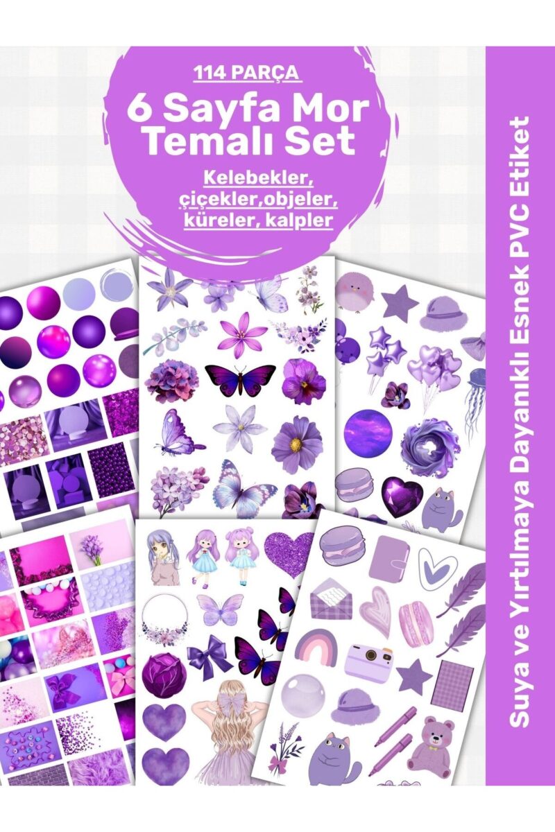 6'lı Mor Sticker Etiket Seti - Planner Ajanda Telefon Tablet Laptop Bullet Journal Etiket