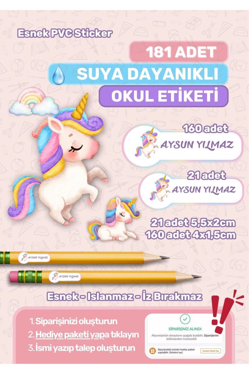 Okul Etiketi Kalem Etiketi Defter Etiketi Özel İsim Yazılabilen Etiket Unicorn Temalı 181 Adet