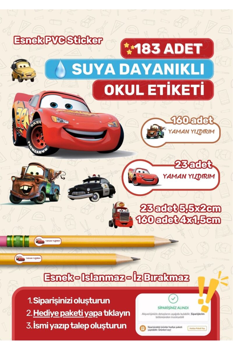 Okul Etiketi Kalem Etiketi Defter Etiketi Özel İsim Yazılabilen Etiket Arabalar Temalı 183 Adet