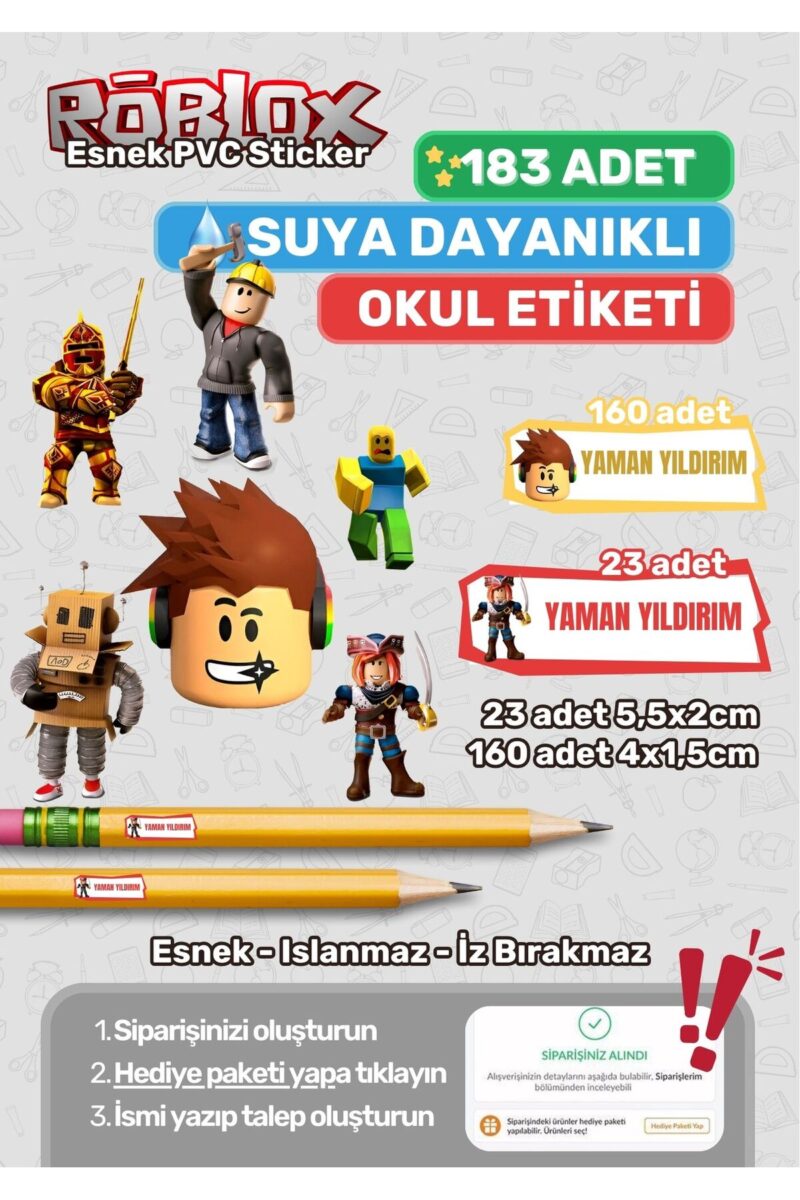 Okul Etiketi Kalem Etiketi Defter Etiketi Özel İsim Yazılabilen Etiket Roblox 183 Adet