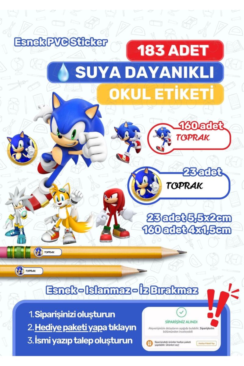 Okul Etiketi Kalem Etiketi Defter Etiketi Özel İsim Yazılabilen Etiket Sonic Temalı 183 Adet