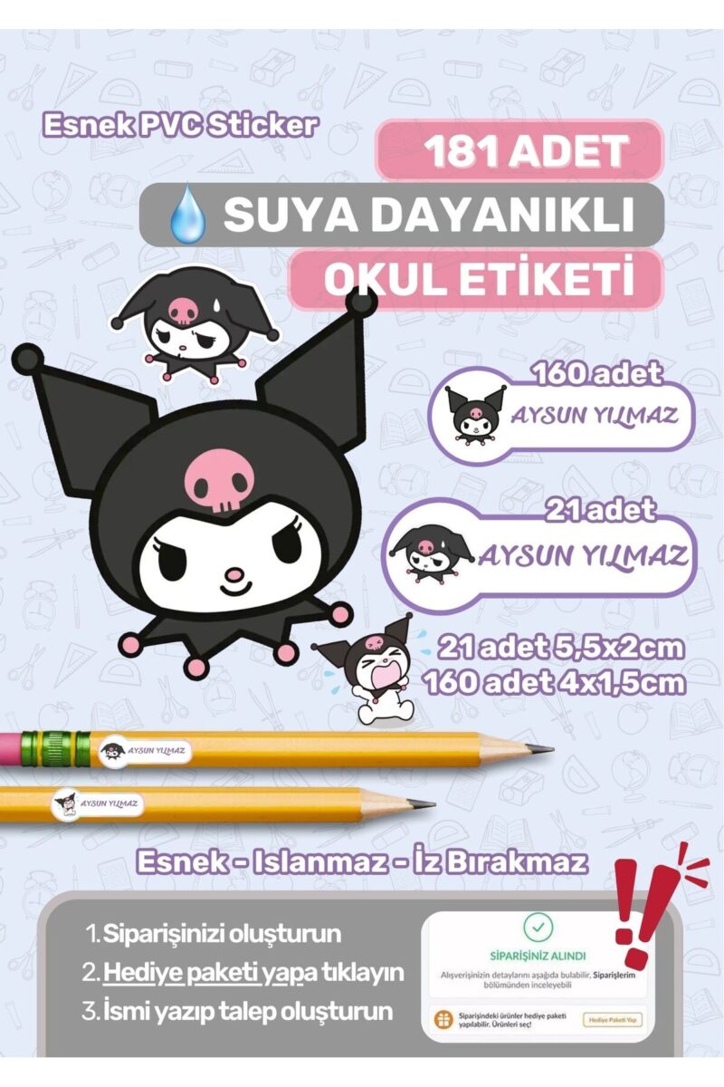 Okul Etiketi Kalem Etiketi Defter Etiketi Özel İsim Yazılabilen Etiket Kuromi Temalı 181 Adet