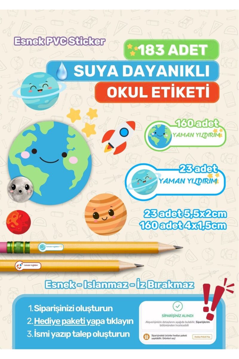 Okul Etiketi Kalem Etiketi Defter Etiketi Özel İsim Yazılabilen Etiket Gezegen Temalı 183 Adet